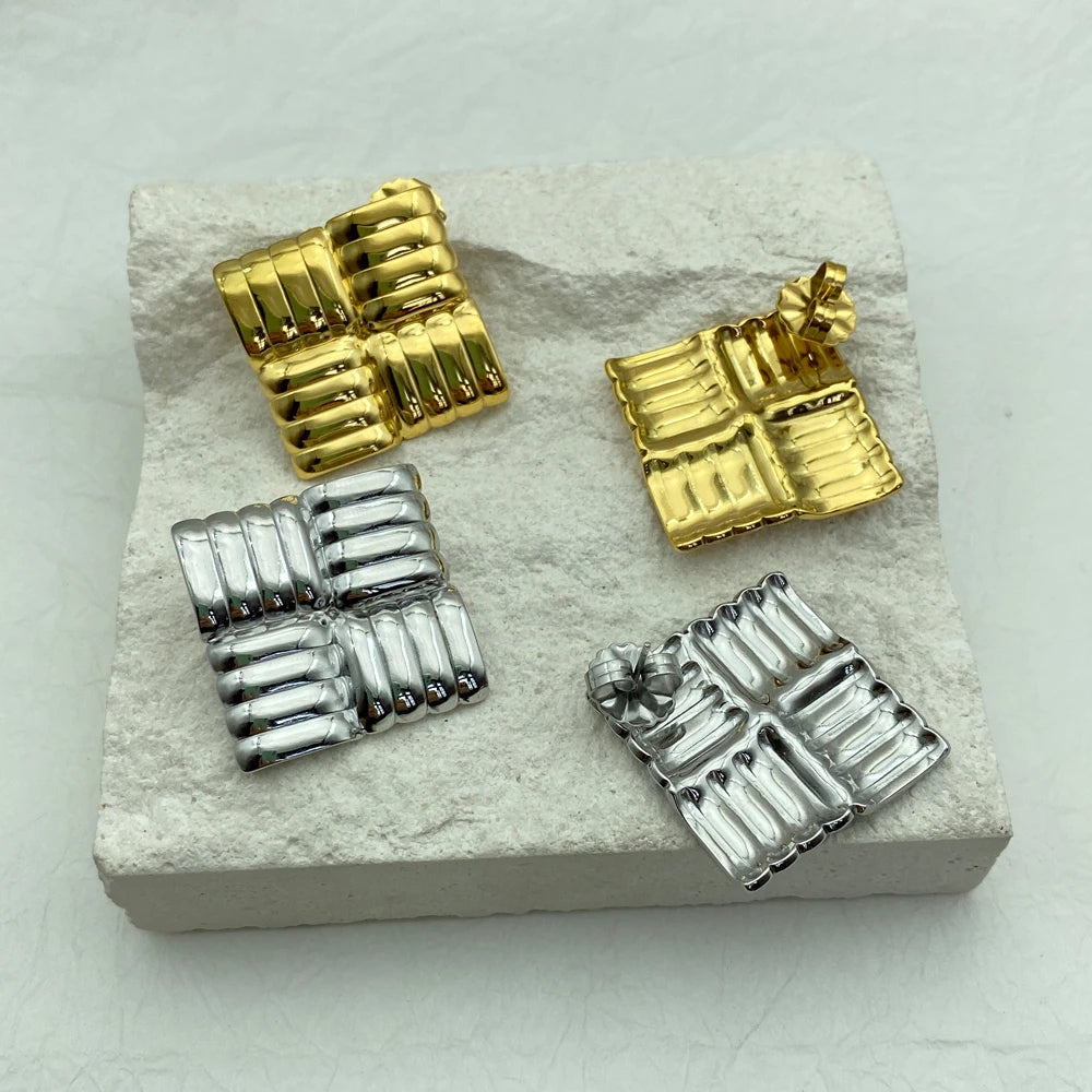 Gold Ribbed Square Grid Stud Earrings | Waterproof Stainless Steel