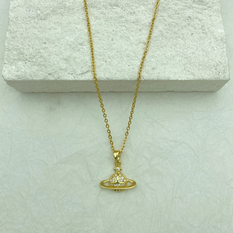 Gold Plated Stainless Steel O Chain Saturn-Pendant Necklace For Women