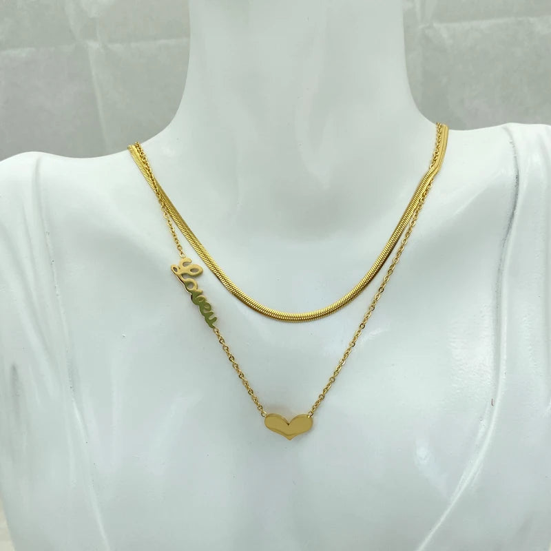 Snake Chain Multilayered Stainless Steel Necklaces For Women With Heart Pendant