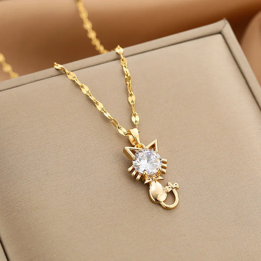 Gold Plated Cat Pendant Necklace for Women 2021 Fashion Jewelry Titanium Steel Animal Necklace Luxury Choker  Elegant Wholesale