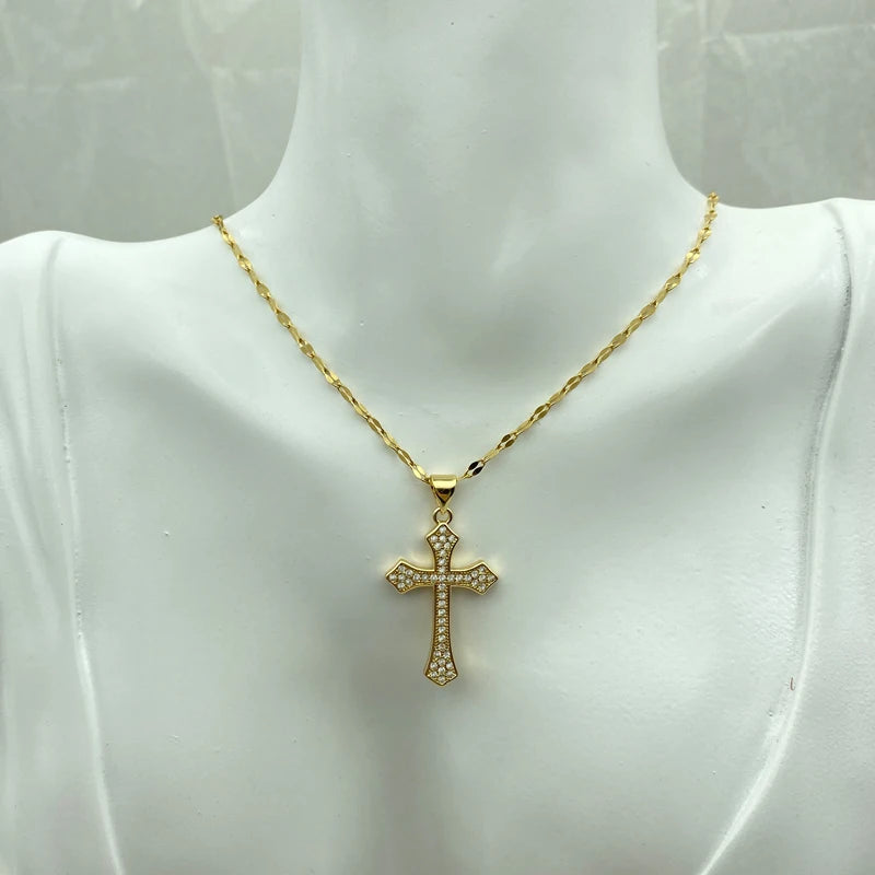 18K Gold Plated Stainless Steel Zircon Cross Pendant Necklace For Women