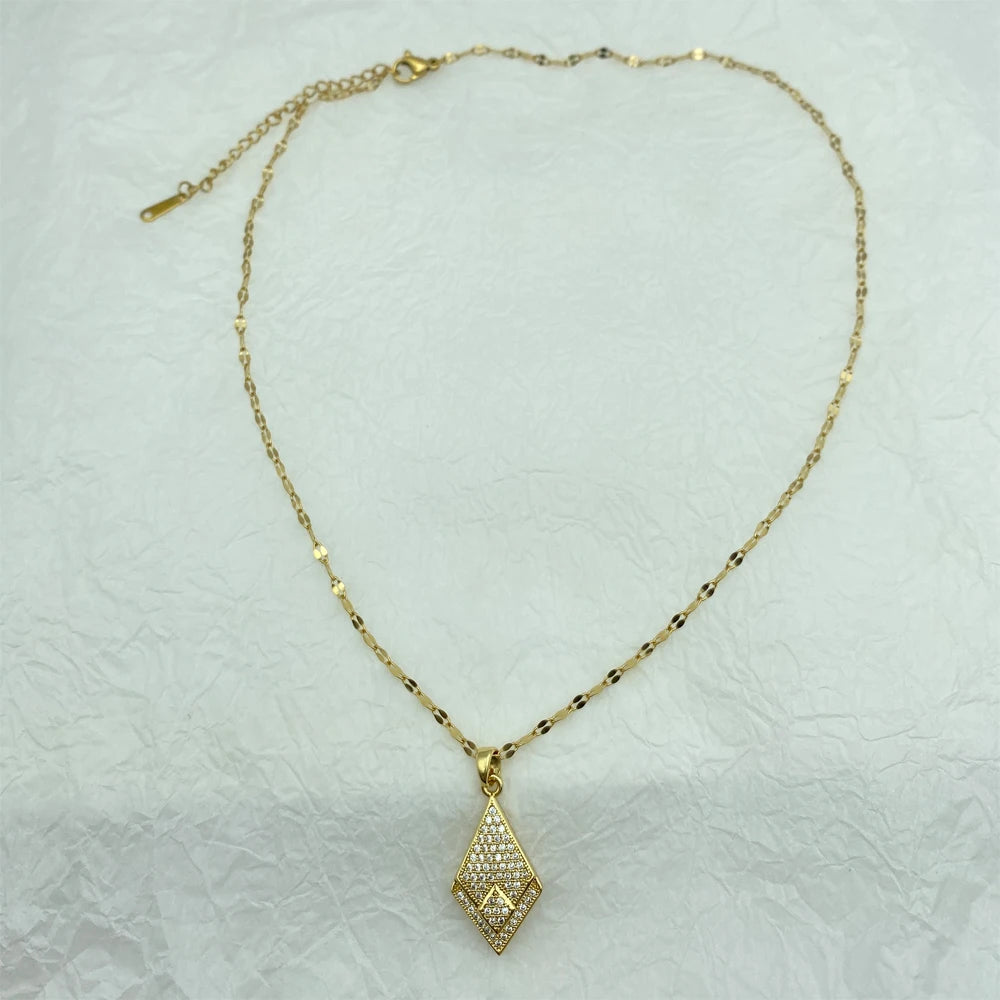 Gold Diamond-Shape Pave CZ Pendant Necklace | Stainless Steel Chain| Brass Pendant