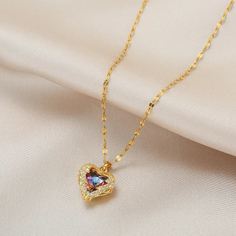 Gold Plated Heart Pendant Necklace for Women Jewelry Titanium Steel Big Crystal Necklace Luxury Choker Korean Elegant Wholesale