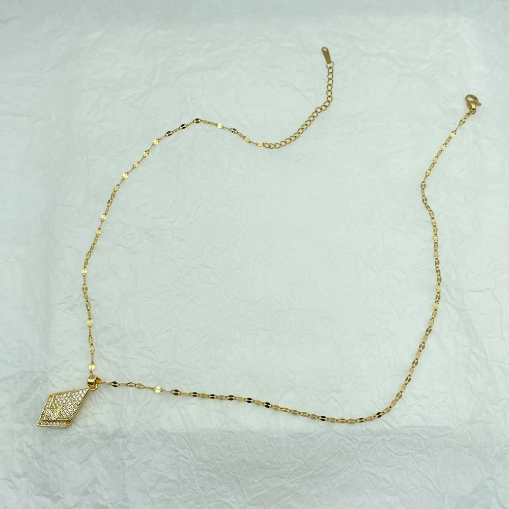 Gold Diamond-Shape Pave CZ Pendant Necklace | Stainless Steel Chain| Brass Pendant