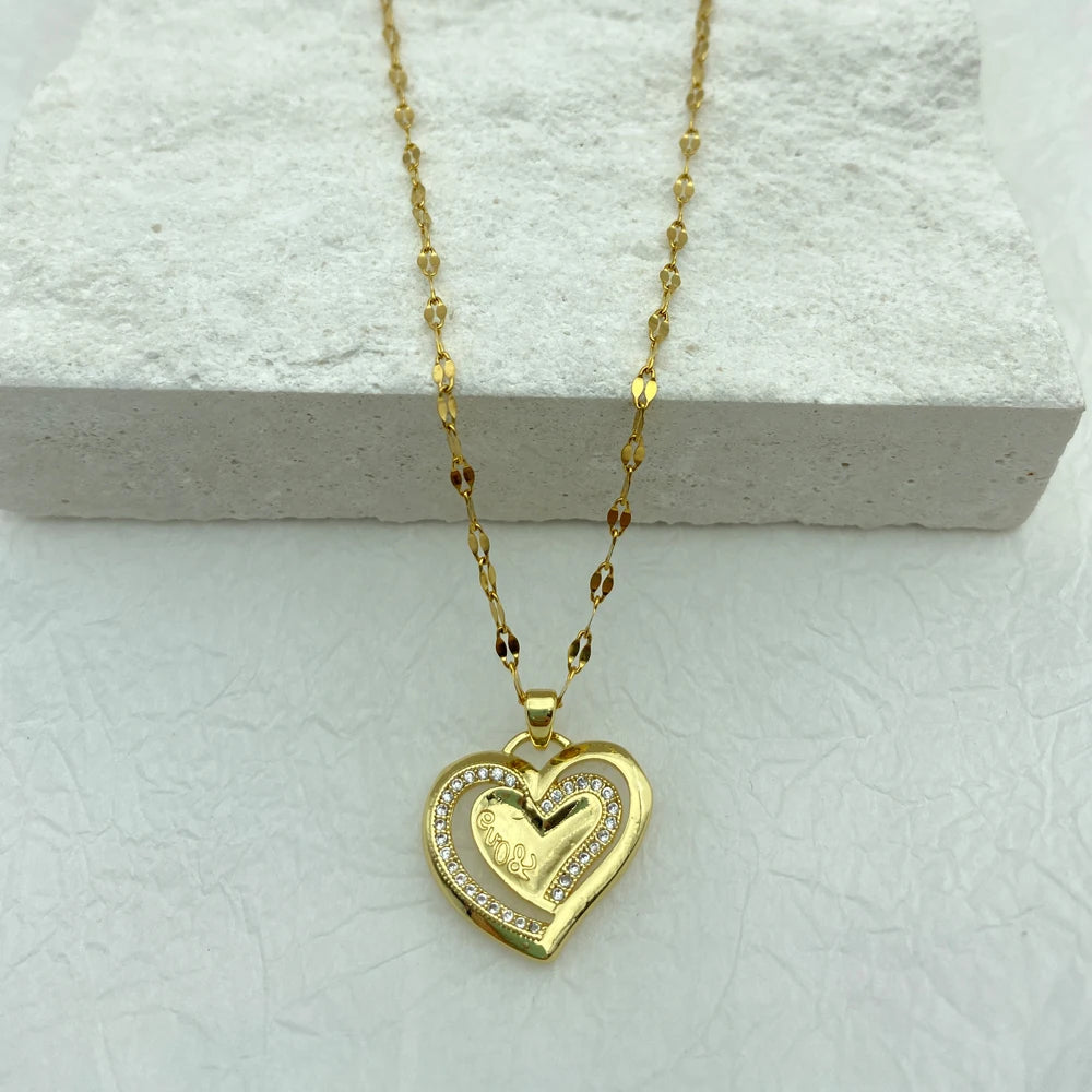 Double Layer CZ Heart Pendant Necklace | 18K Gold Plated Stainless Steel