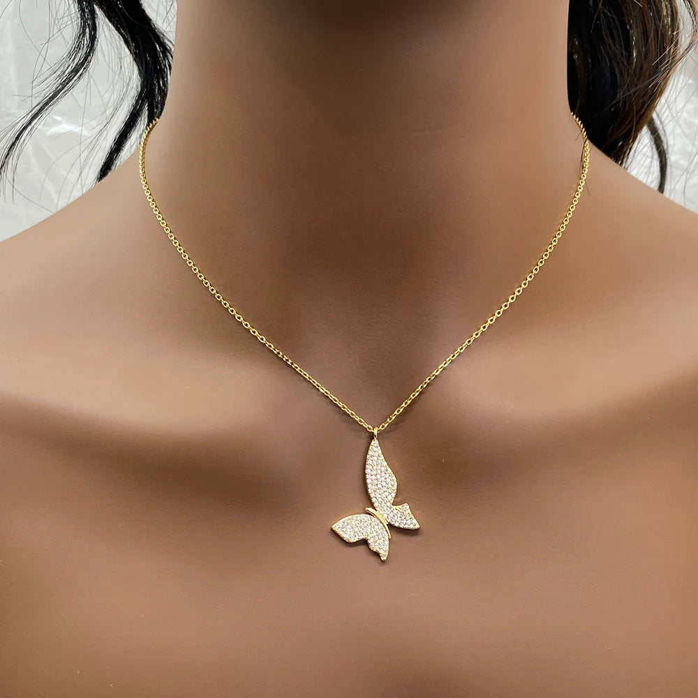 Stainless Steel Zirconia Butterfly Pendant Necklace For Women