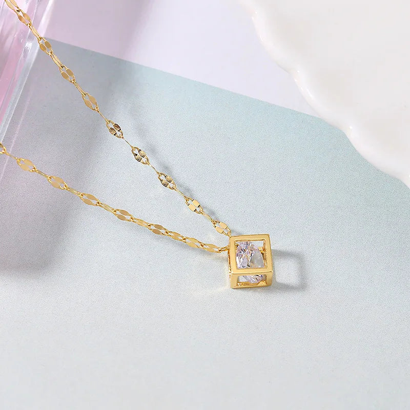 Hollow Cube Zirconia Pendant Necklace| Gold Plated Stainless Steel Chains