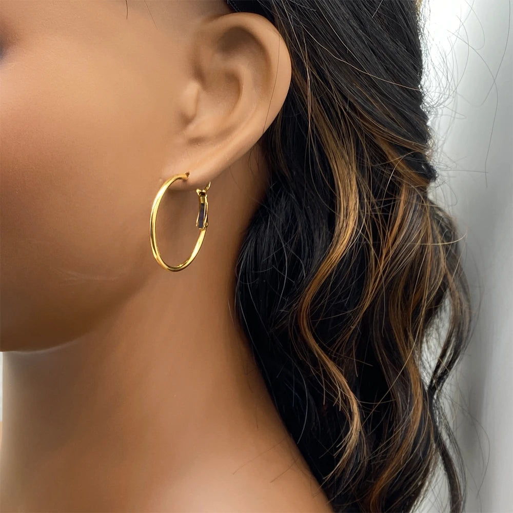 Non Tarnish Waterproof Quality Fashion Jewelry 18K Gold Plated Stainless Steel Big Hoop Earrings For Women