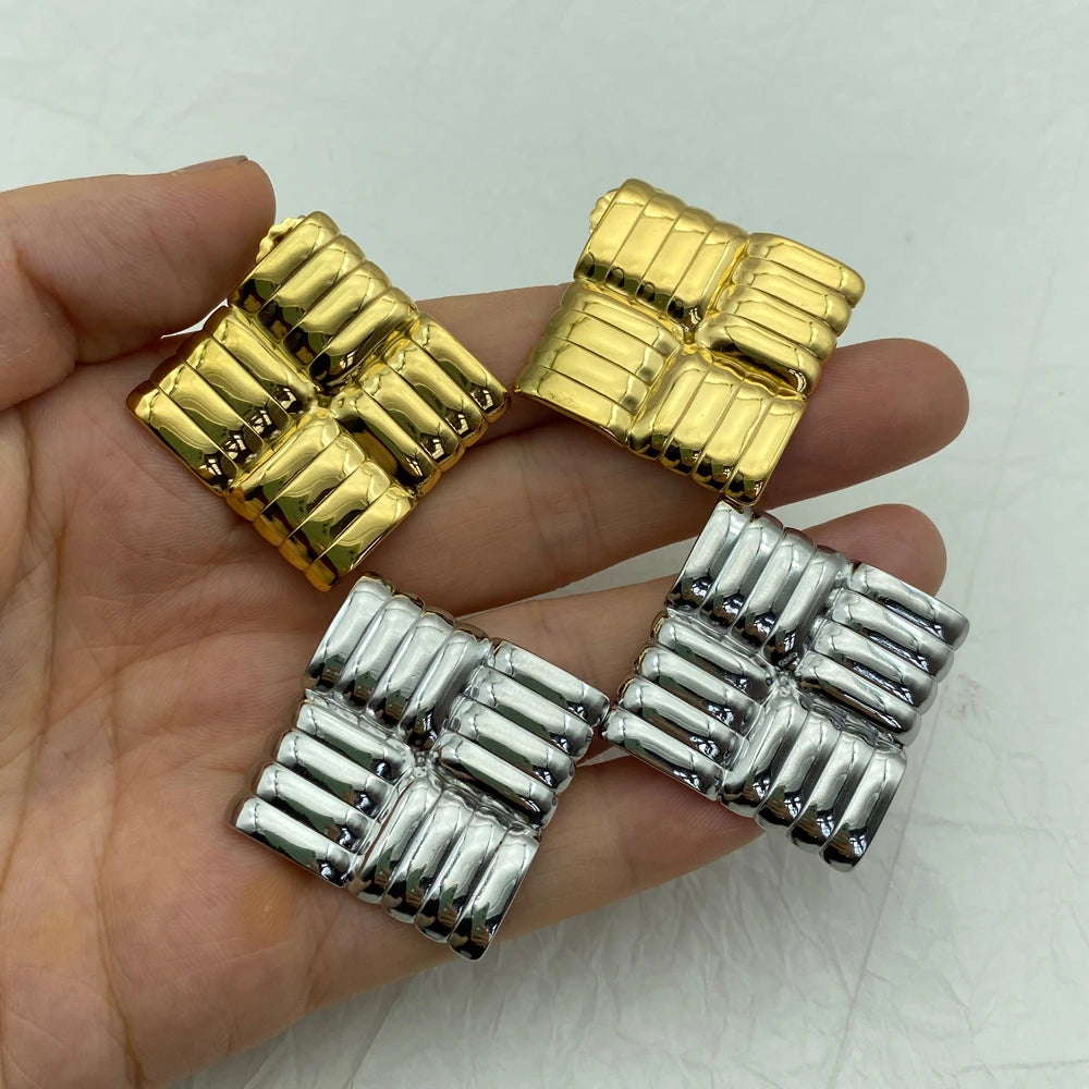 Gold Ribbed Square Grid Stud Earrings | Waterproof Stainless Steel