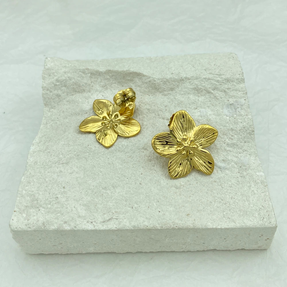 Gold Plumeria Floral Stud Earrings | 18k Gold Plated Stainless Steel