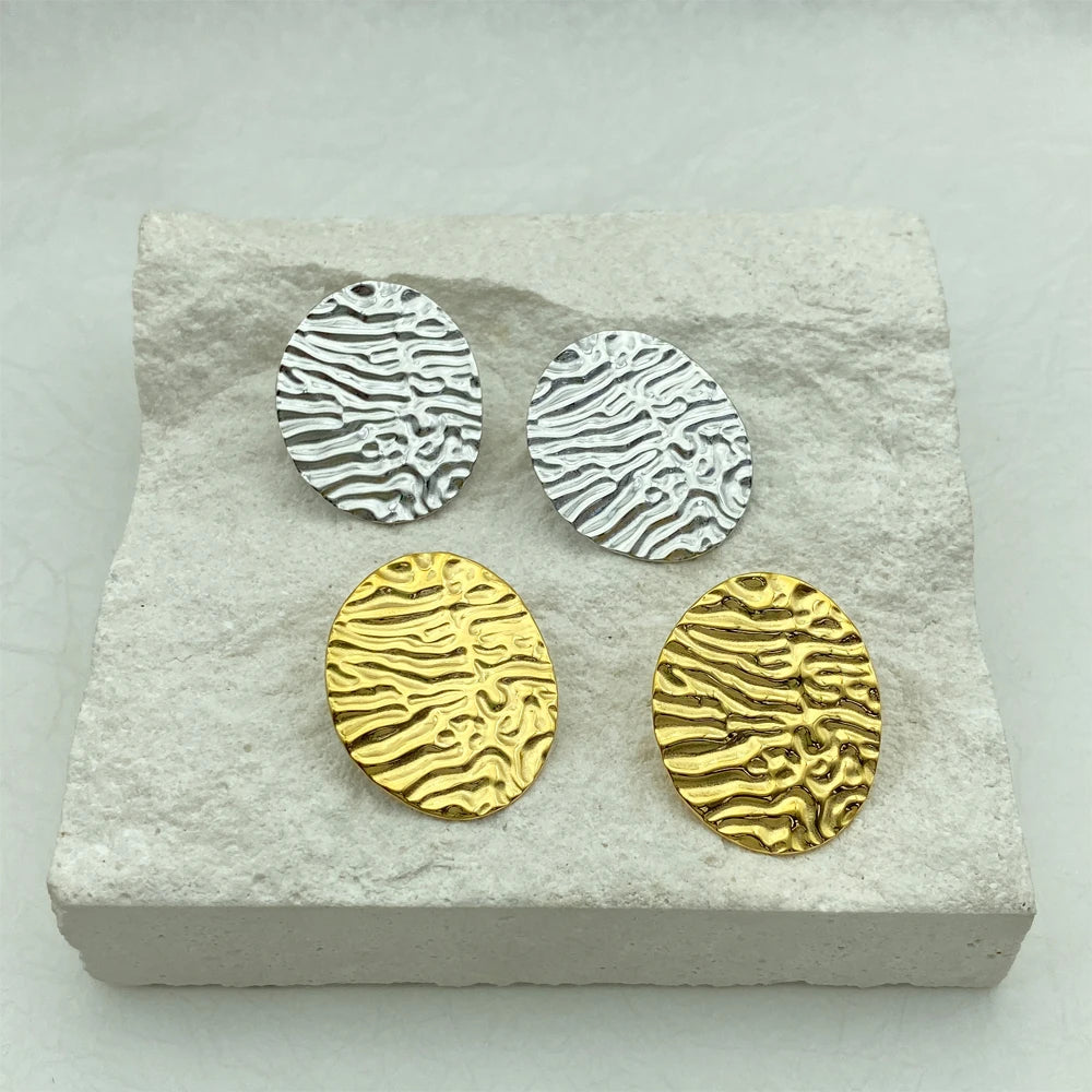 Textured Wave Oval Stud Earrings | Gold Plated Stainless Steel |