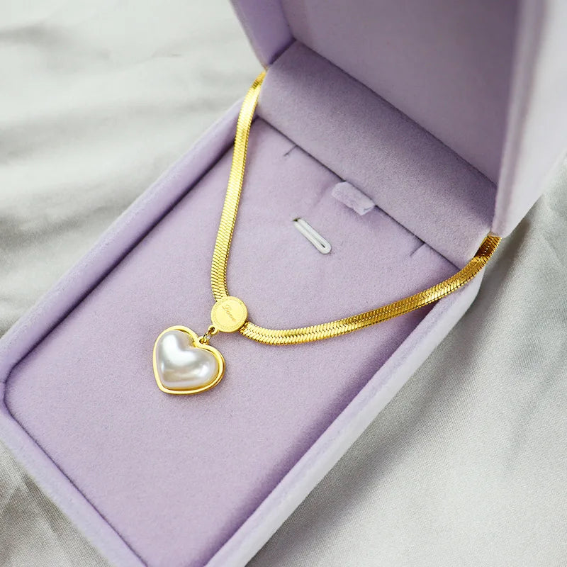 Brad Chain Heart pearl pendant Stainless steel necklaces for women