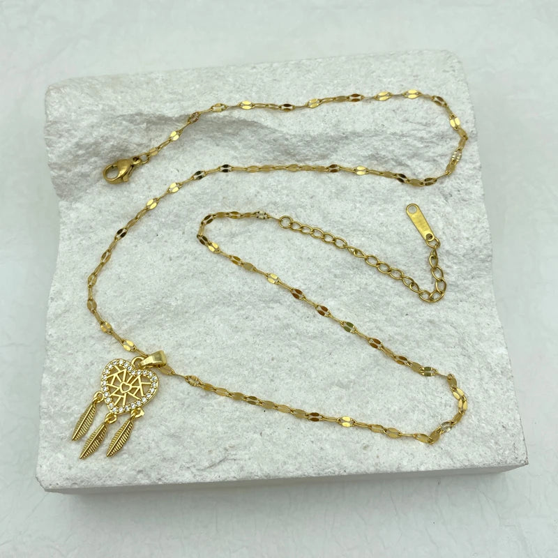 Gold Heart Dream Catcher Stianless Steel Necklace With Feather Charms