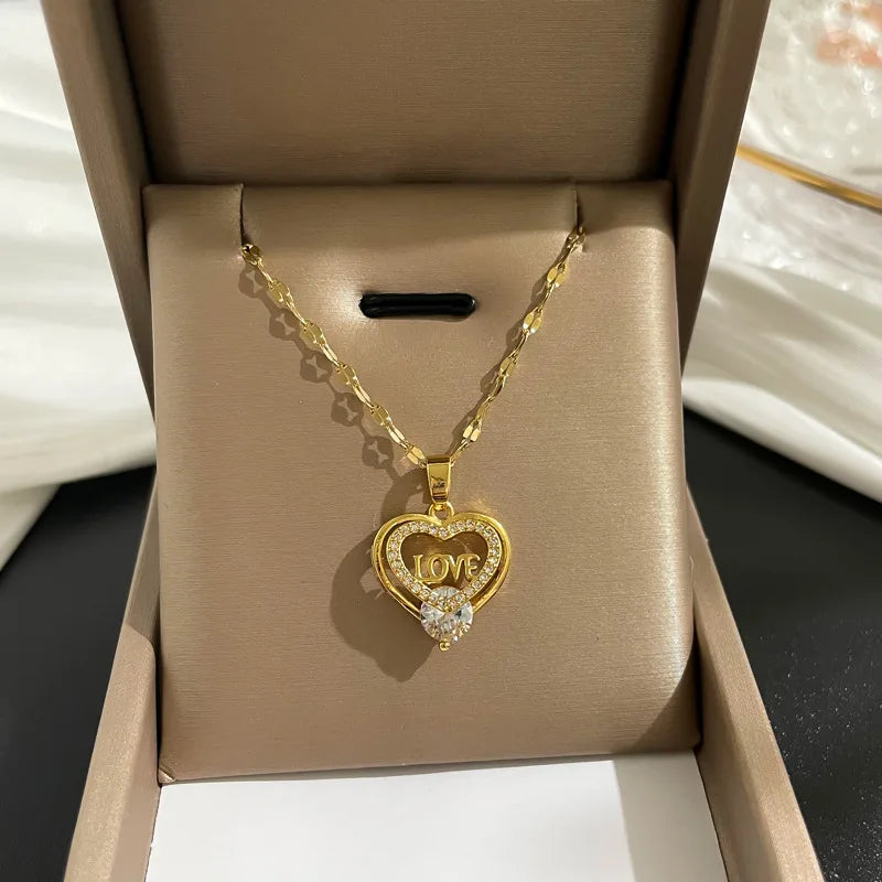 Gold LOVE Heart CZ Pendant Necklace| Stainless Steel Chain | Brass Pendant