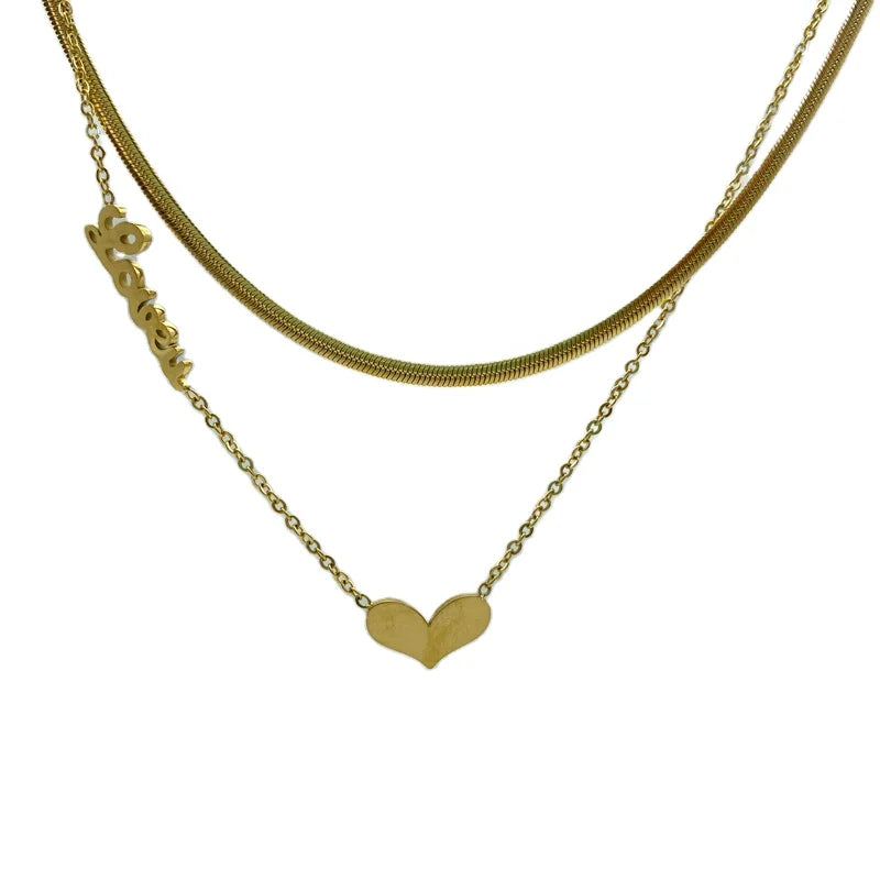 Snake Chain Multilayered Stainless Steel Necklaces For Women With Heart Pendant
