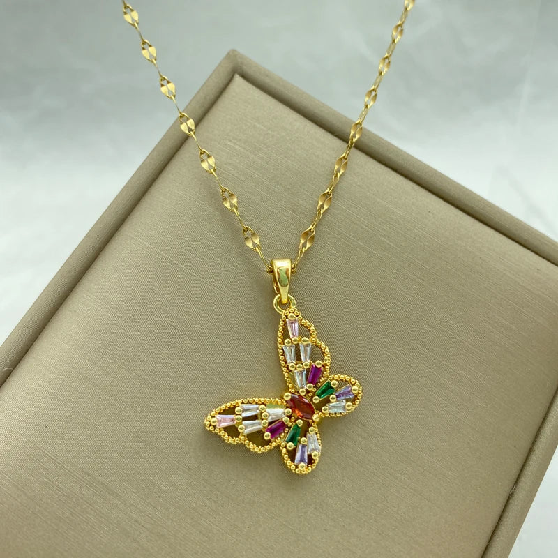 Colorful CZ Butterfly Pendant Necklace | 18K Gold Plated Stainless Steel