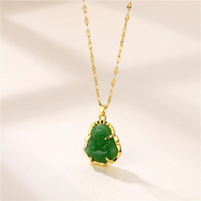 Green Jade Buddha Pendant Necklace | 18K Gold Plated Stainless Steel