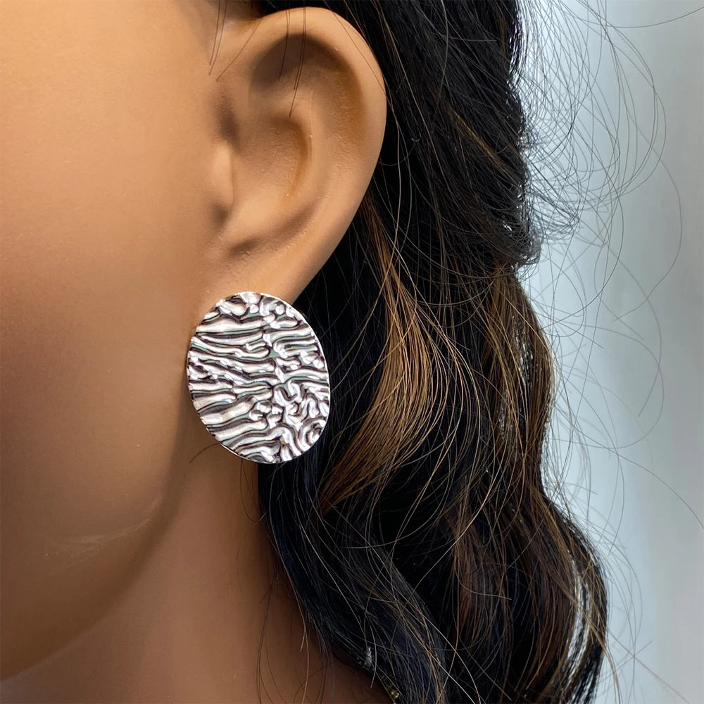 Textured Wave Oval Stud Earrings | Gold Plated Stainless Steel |