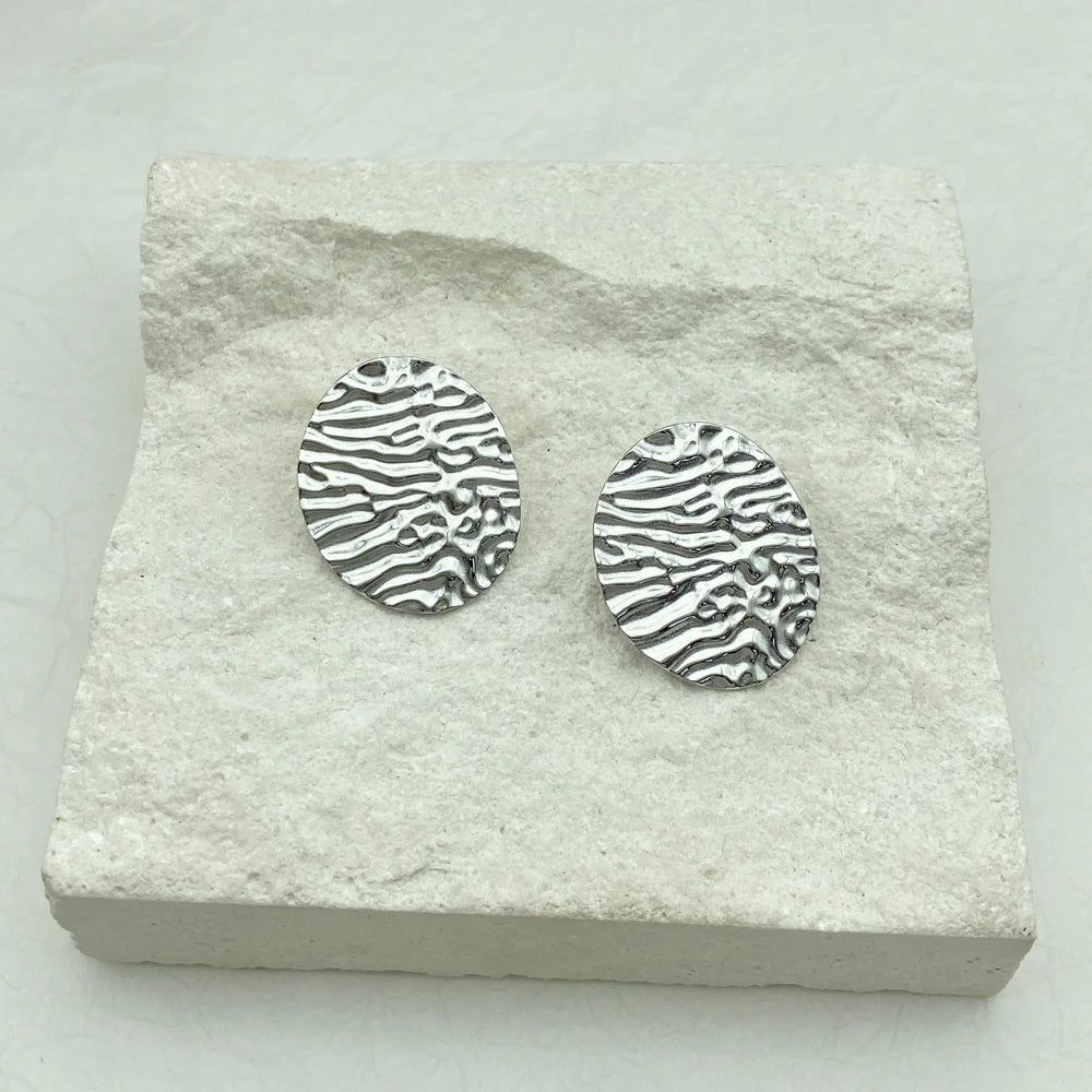 Textured Wave Oval Stud Earrings | Gold Plated Stainless Steel |