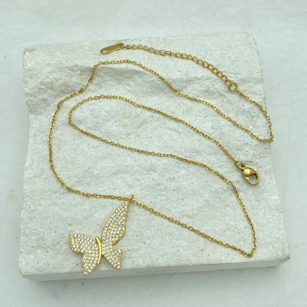 Stainless Steel Zirconia Butterfly Pendant Necklace For Women