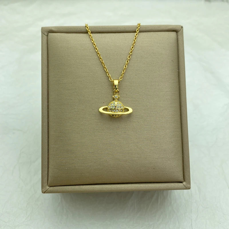 Gold Plated Stainless Steel O Chain Saturn-Pendant Necklace For Women