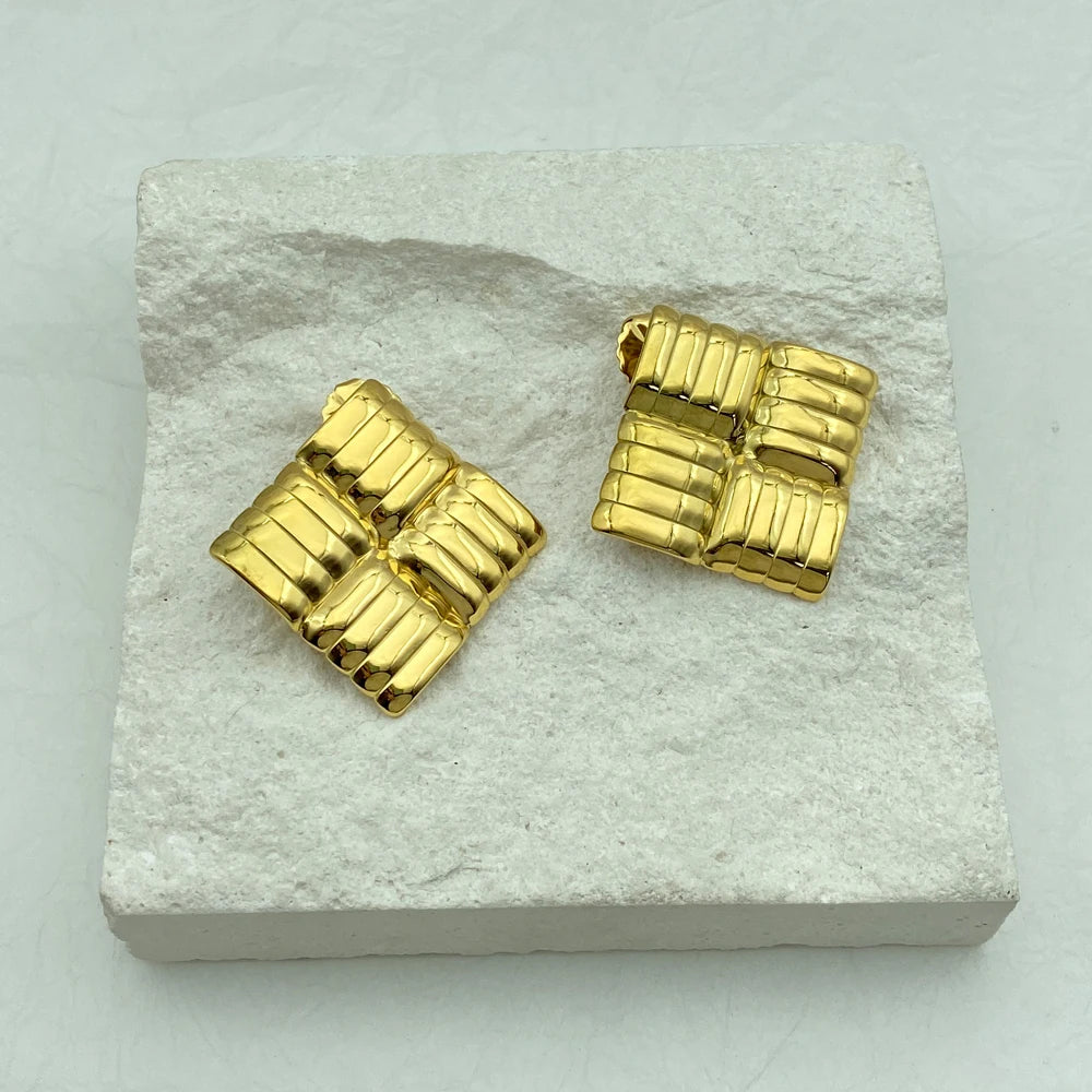 Gold Ribbed Square Grid Stud Earrings | Waterproof Stainless Steel