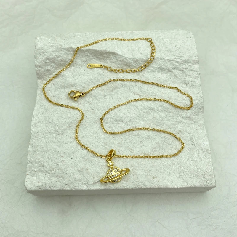 Gold Plated Stainless Steel O Chain Saturn-Pendant Necklace For Women