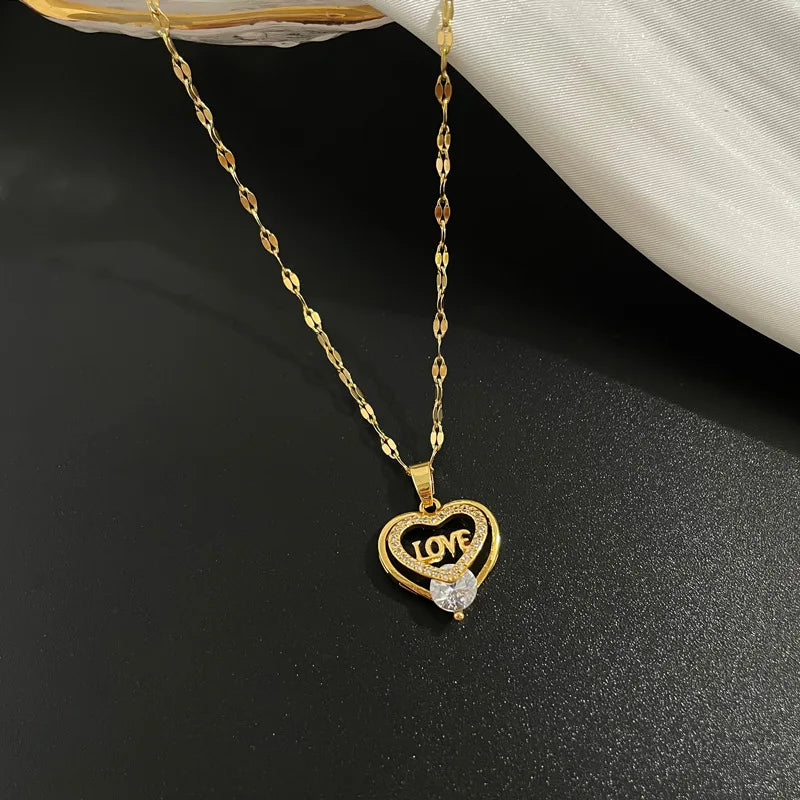 Gold LOVE Heart CZ Pendant Necklace| Stainless Steel Chain | Brass Pendant