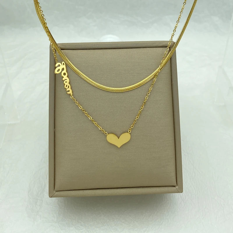 Snake Chain Multilayered Stainless Steel Necklaces For Women With Heart Pendant