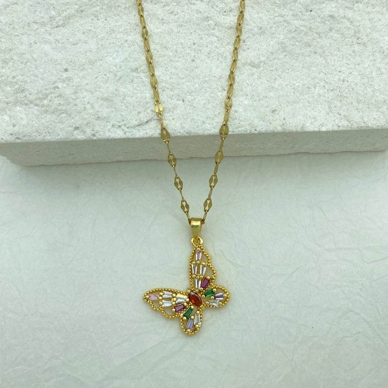 Colorful CZ Butterfly Pendant Necklace | 18K Gold Plated Stainless Steel
