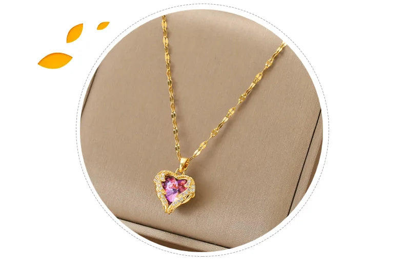 Gold Plated Heart Pendant Necklace for Women Jewelry Titanium Steel Big Crystal Necklace Luxury Choker Korean Elegant Wholesale