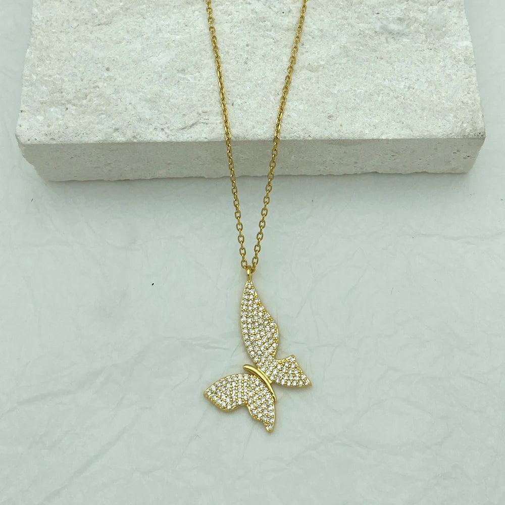 Stainless Steel Zirconia Butterfly Pendant Necklace For Women
