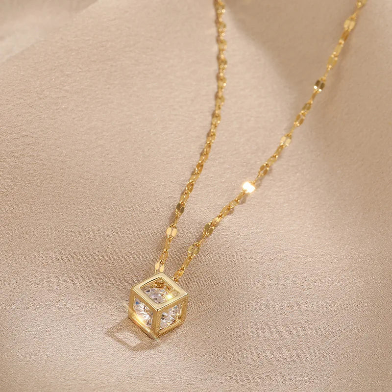 Hollow Cube Zirconia Pendant Necklace| Gold Plated Stainless Steel Chains