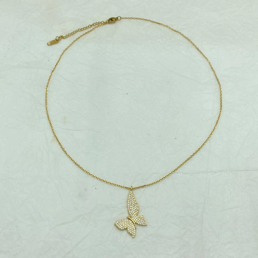 Stainless Steel Zirconia Butterfly Pendant Necklace For Women