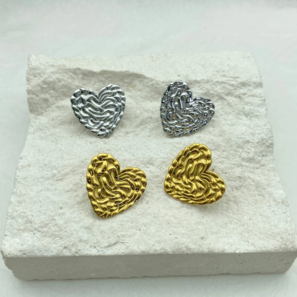 Puffy Textured Heart Stud Earrings | 18K Gold Plated Stainless Steel
