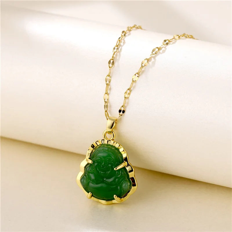 Green Jade Buddha Pendant Necklace | 18K Gold Plated Stainless Steel