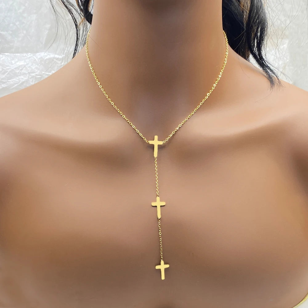 Polished  Mixed Styles Stainless Steel Fashion Tassel Cross Necklace