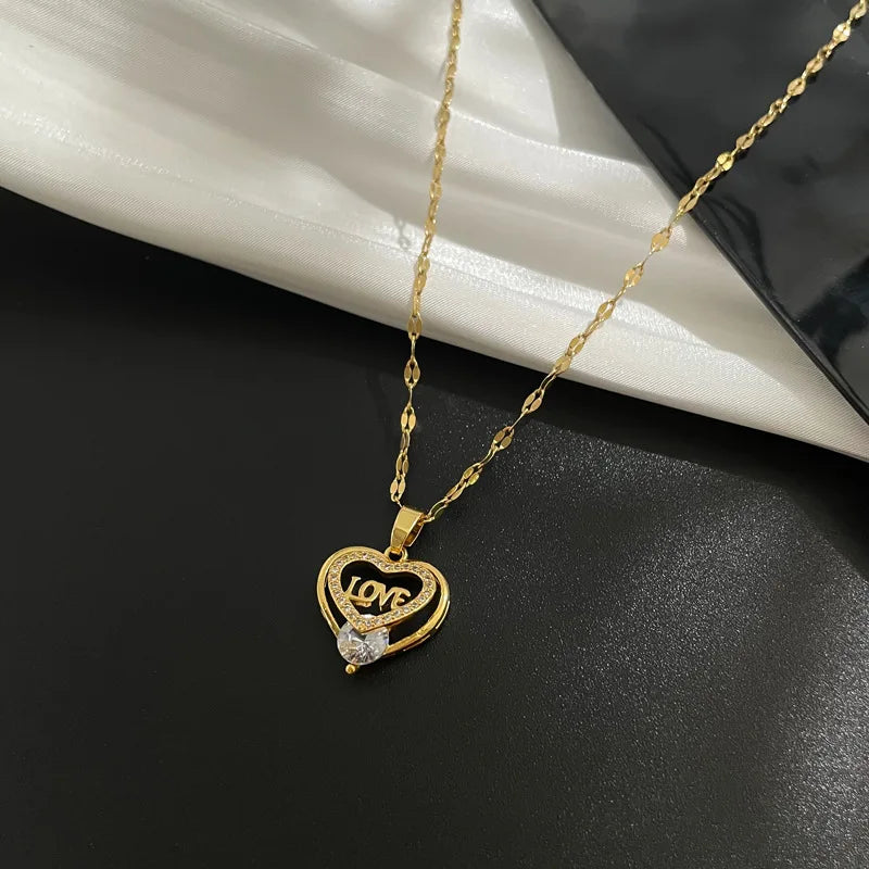Gold LOVE Heart CZ Pendant Necklace| Stainless Steel Chain | Brass Pendant