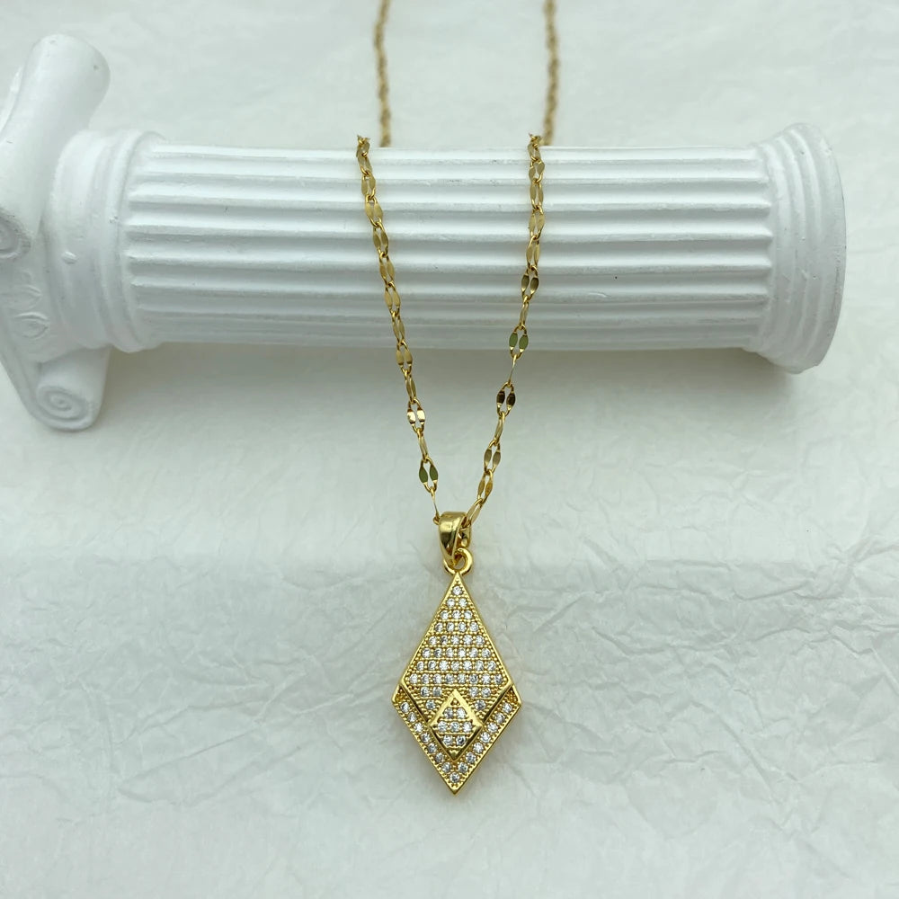 Gold Diamond-Shape Pave CZ Pendant Necklace | Stainless Steel Chain| Brass Pendant