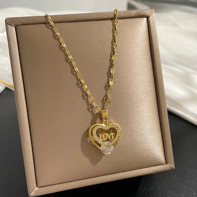 Gold LOVE Heart CZ Pendant Necklace| Stainless Steel Chain | Brass Pendant