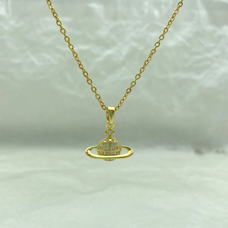 Gold Plated Stainless Steel O Chain Saturn-Pendant Necklace For Women
