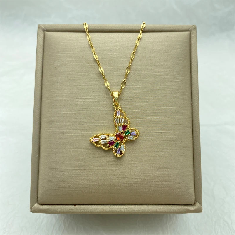 Colorful CZ Butterfly Pendant Necklace | 18K Gold Plated Stainless Steel