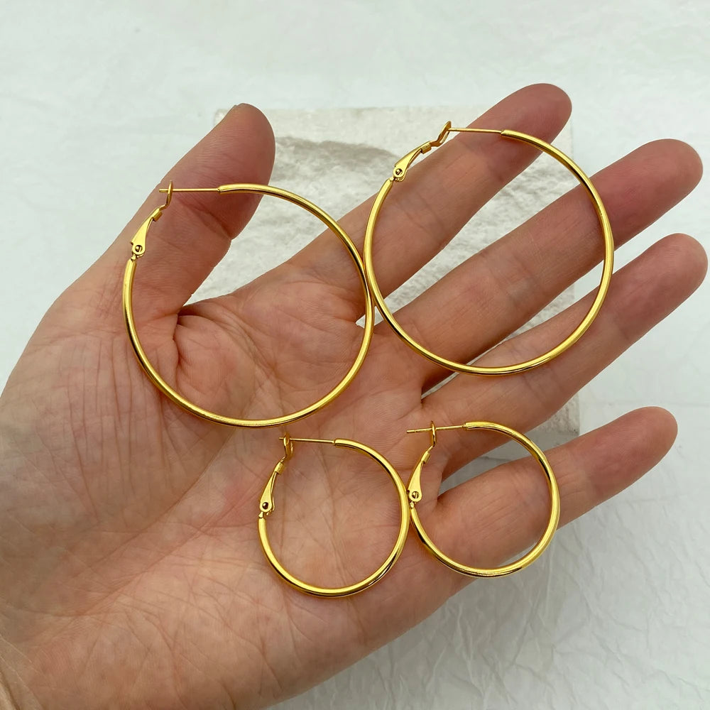 Non Tarnish Waterproof Quality Fashion Jewelry 18K Gold Plated Stainless Steel Big Hoop Earrings For Women