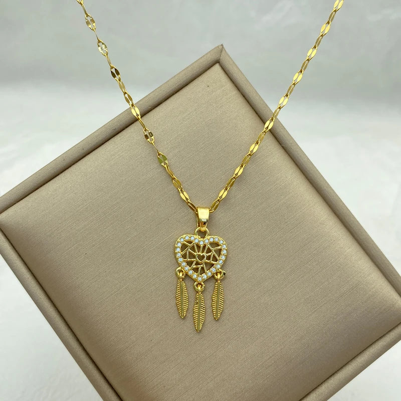 Gold Heart Dream Catcher Stianless Steel Necklace With Feather Charms