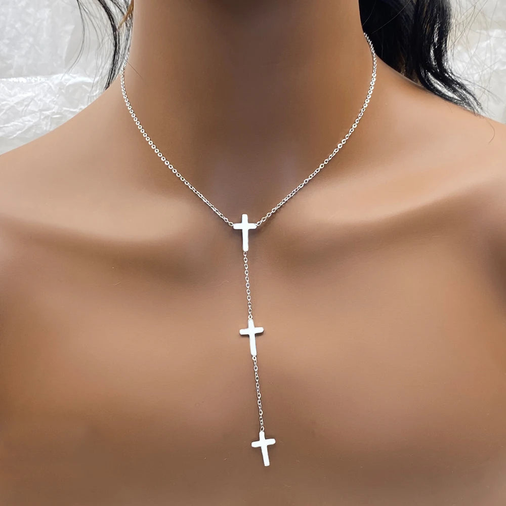 Polished  Mixed Styles Stainless Steel Fashion Tassel Cross Necklace