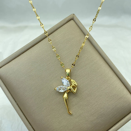 Gold Plated Angel Pendant Necklace for Women Jewelry Titanium Steel Zircon Necklace Luxury Design Korean Elegant Wholesale