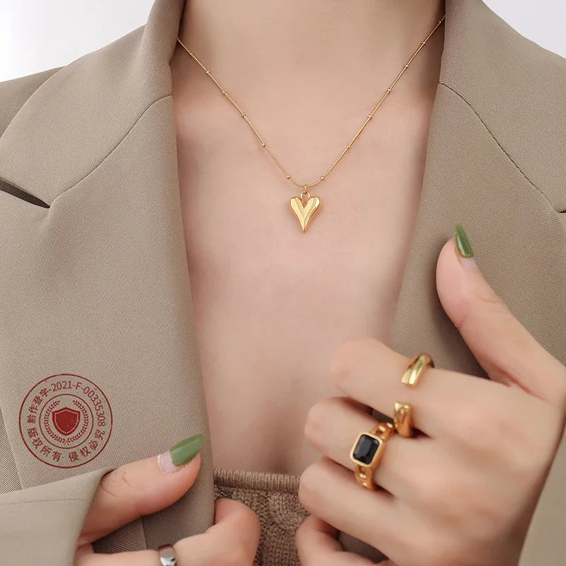 3D Heart Pendant Necklace with Satellite Snake Chain | 18K Gold Plated Stainless Steel