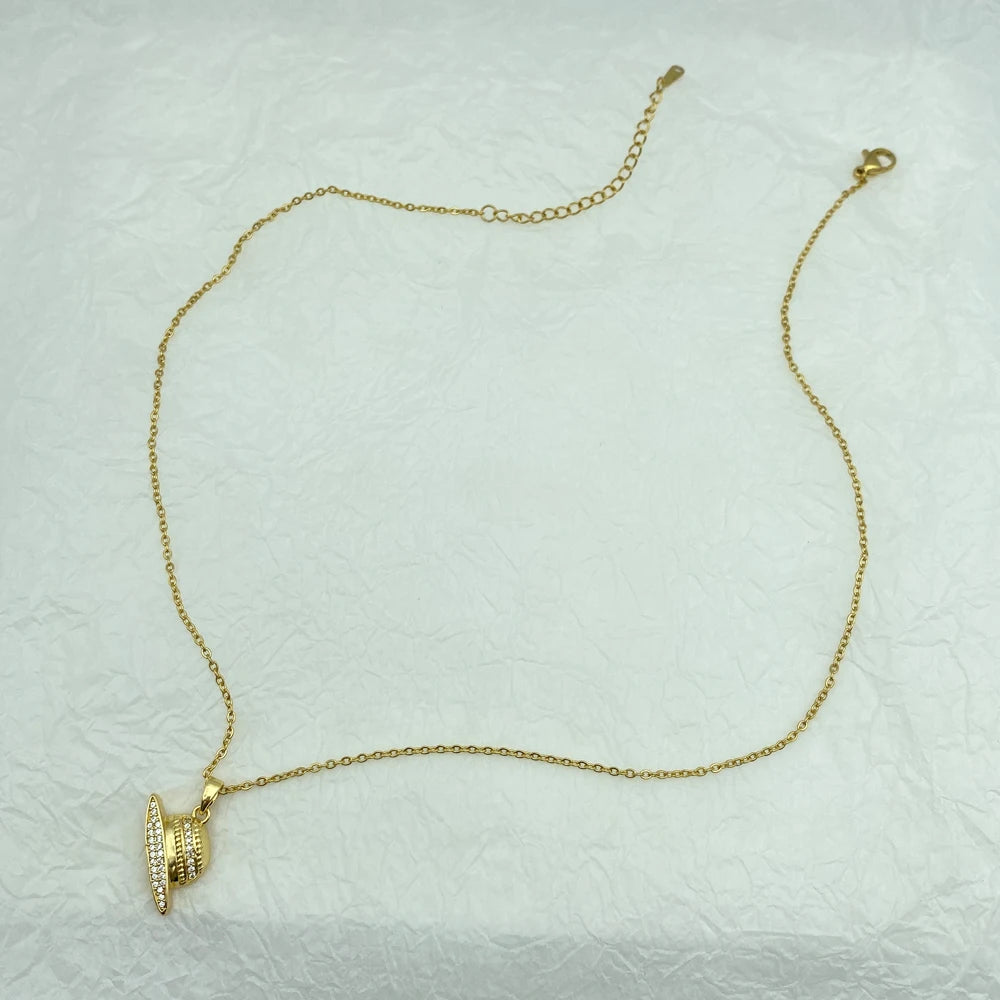 18K Gold Plated Pave CZ Sun Hat Pendant Necklace | Stainless Steel Chain