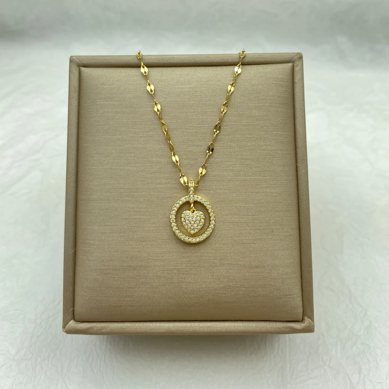 CZ Pave Heart Circle Pendant Necklace | Puffy Heart Halo Charm Stainless Steel