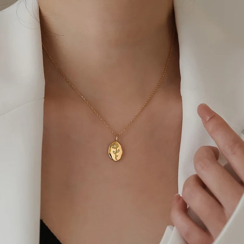 Rose Engraved Oval Pendant Necklace | 18 Gold Plated KStainless Steel